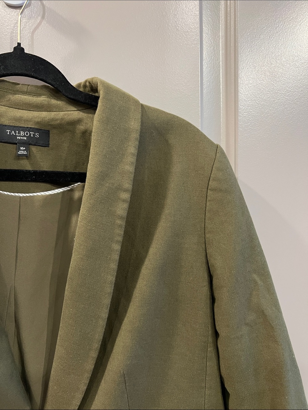 Talbots Olive Green Shawl Collar Blazer Linen Cotton Petite - Picture 5 of 11